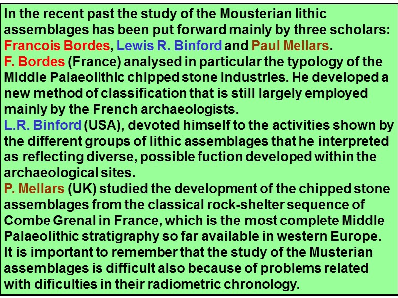 In the recent past the study of the Mousterian lithic assemblages has been put